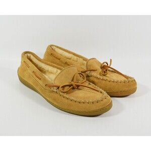 Minnetonka Brown Leather Lace Up Fleece Lined Classic Moccasins Sz 9